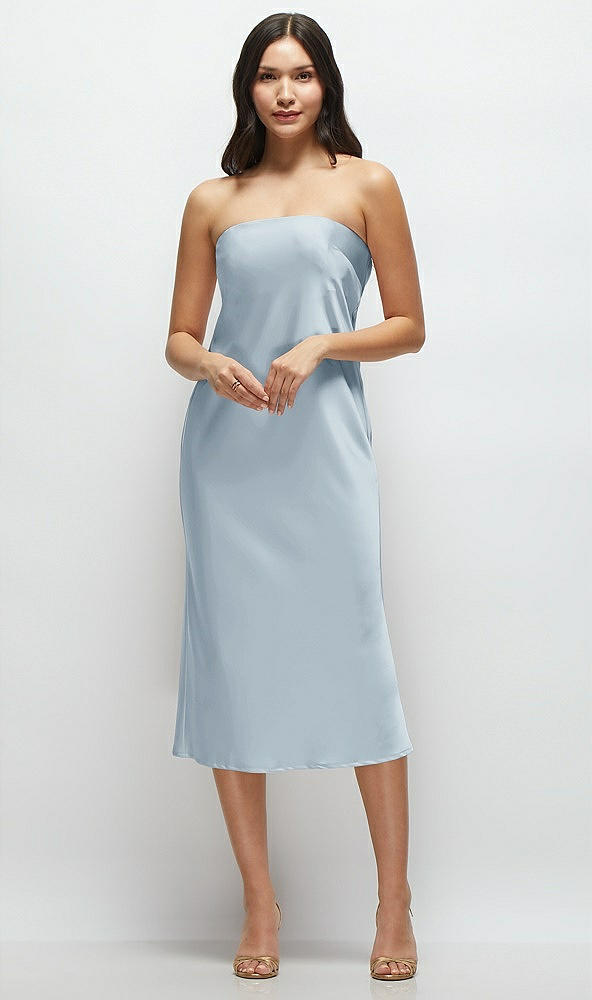 Front View - Mist Strapless Midi Bias Column Dress with Peek-a-Boo Corset Back