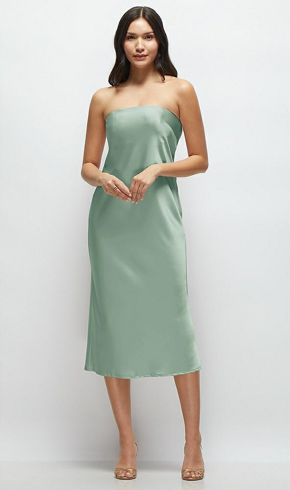 Front View - Seagrass Strapless Midi Bias Column Dress with Peek-a-Boo Corset Back