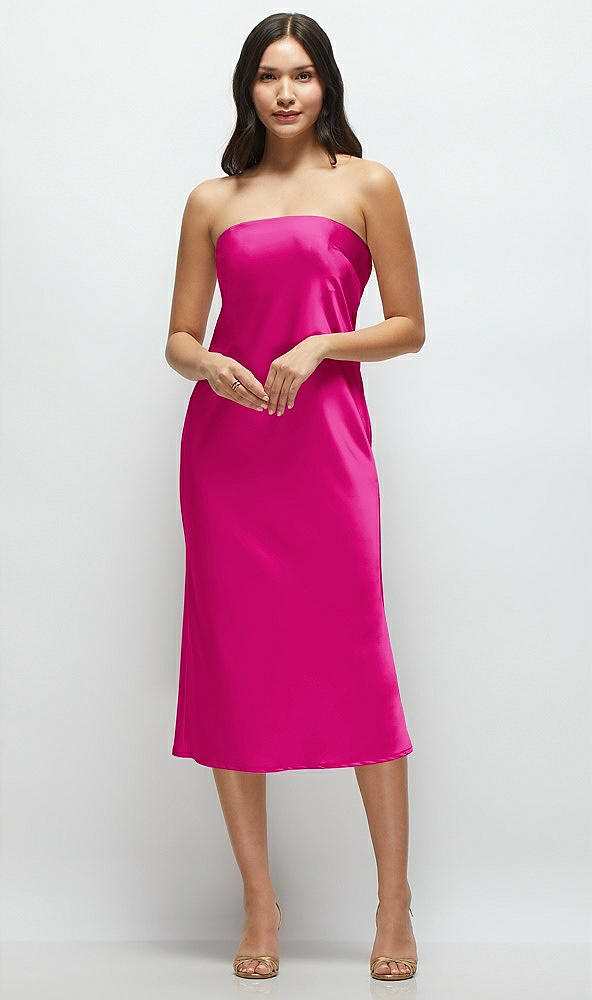 Front View - Think Pink Strapless Midi Bias Column Dress with Peek-a-Boo Corset Back