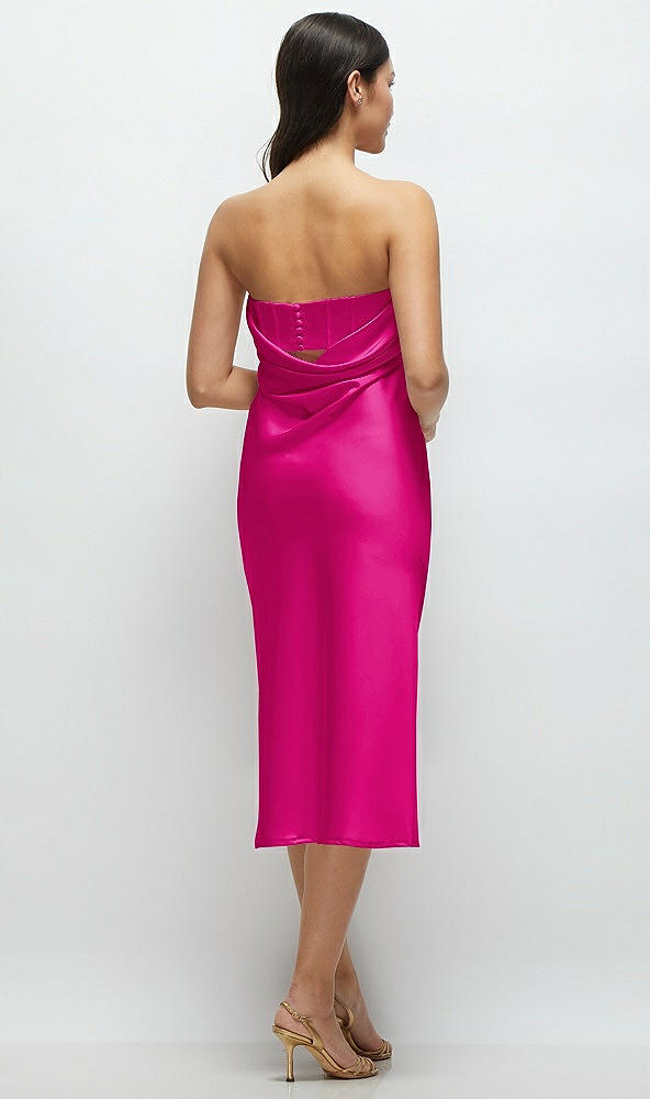 Back View - Think Pink Strapless Midi Bias Column Dress with Peek-a-Boo Corset Back