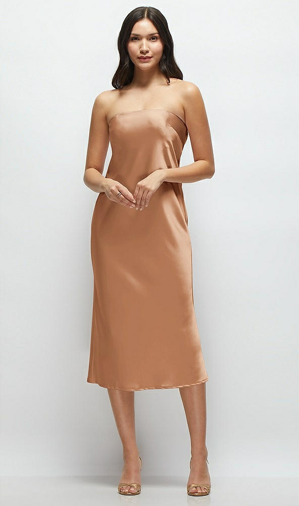 Front View - Toffee Strapless Midi Bias Column Dress with Peek-a-Boo Corset Back