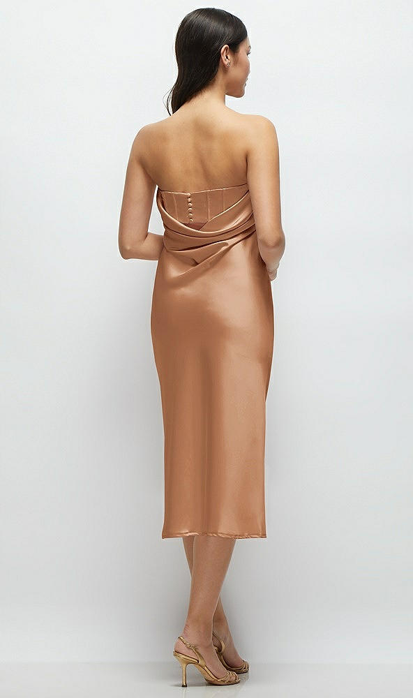 Back View - Toffee Strapless Midi Bias Column Dress with Peek-a-Boo Corset Back