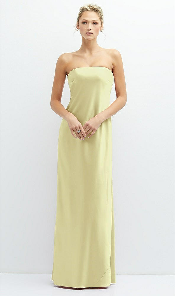 Front View - Butter Yellow Strapless Maxi Bias Column Dress with Peek-a-Boo Corset Back