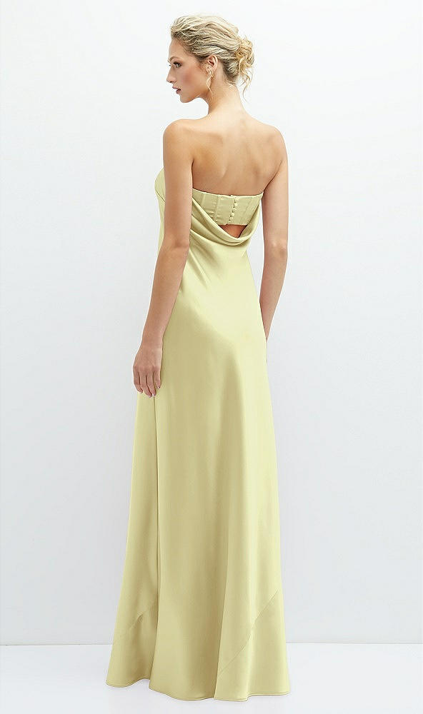 Back View - Butter Yellow Strapless Maxi Bias Column Dress with Peek-a-Boo Corset Back