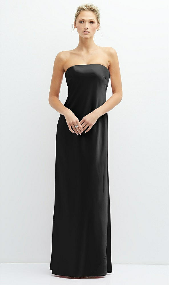 Front View - Black Strapless Maxi Bias Column Dress with Peek-a-Boo Corset Back