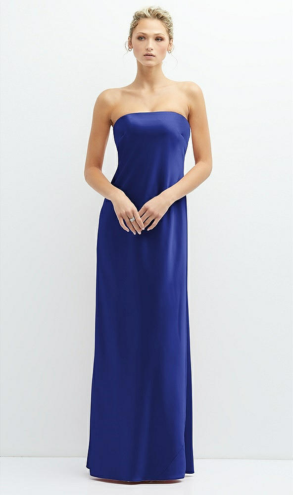 Front View - Cobalt Blue Strapless Maxi Bias Column Dress with Peek-a-Boo Corset Back