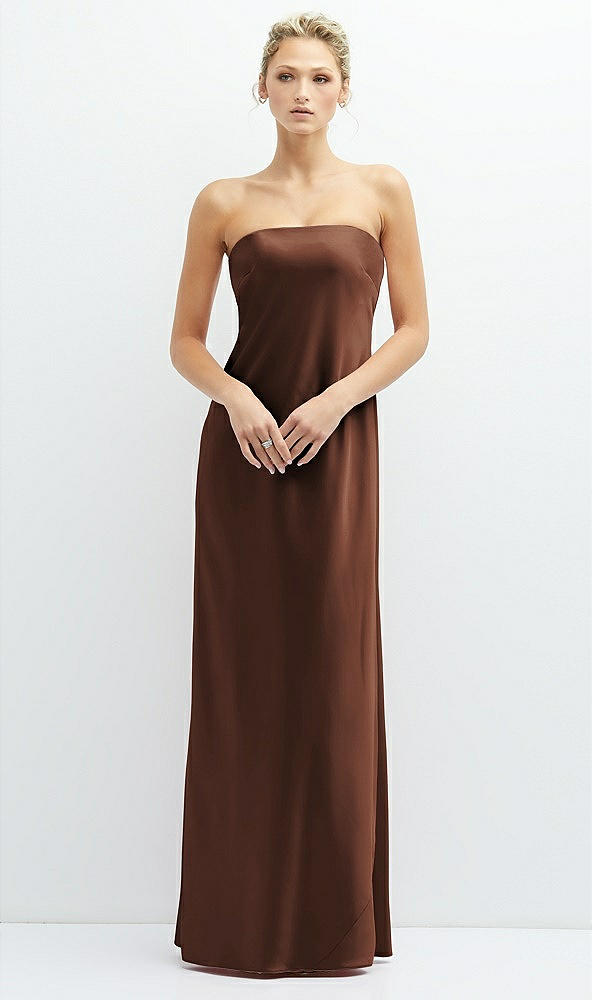 Front View - Cognac Strapless Maxi Bias Column Dress with Peek-a-Boo Corset Back