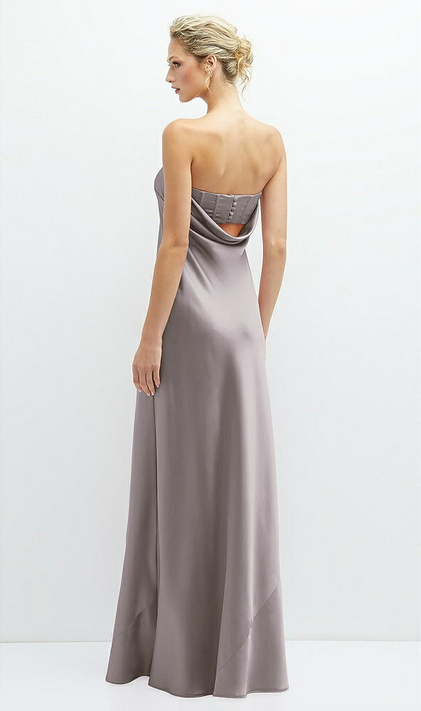 Back View - Cashmere Gray Strapless Maxi Bias Column Dress with Peek-a-Boo Corset Back