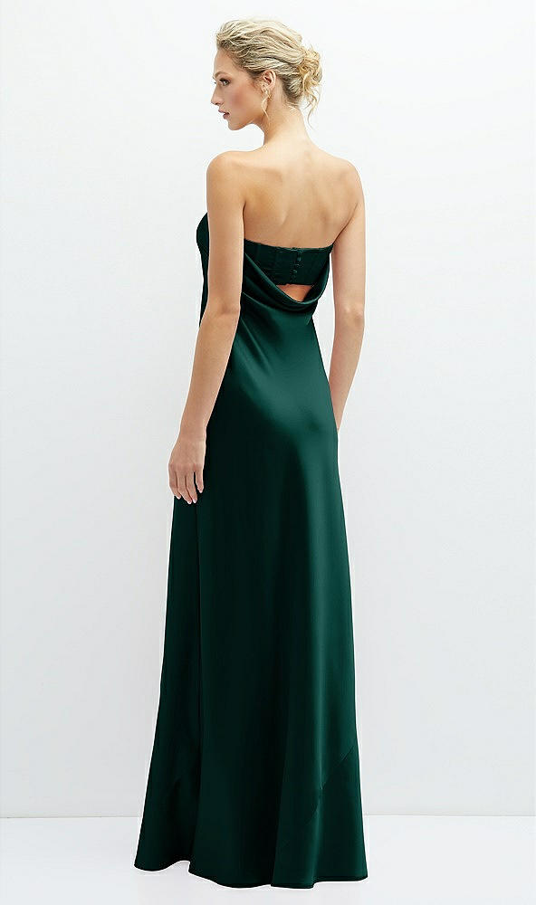 Back View - Evergreen Strapless Maxi Bias Column Dress with Peek-a-Boo Corset Back