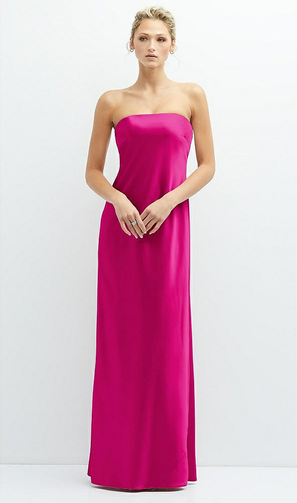 Front View - Think Pink Strapless Maxi Bias Column Dress with Peek-a-Boo Corset Back