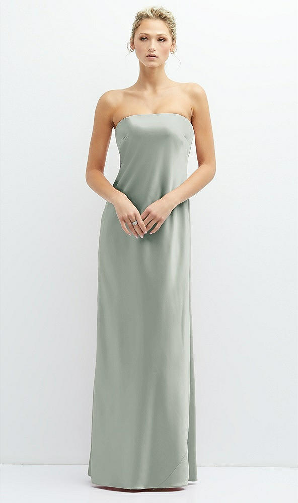 Front View - Willow Green Strapless Maxi Bias Column Dress with Peek-a-Boo Corset Back