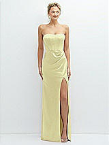 Front View Thumbnail - Butter Yellow Strapless Topstitched Corset Satin Maxi Dress with Draped Column Skirt