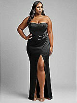 Alt View 1 Thumbnail - Black Strapless Topstitched Corset Satin Maxi Dress with Draped Column Skirt