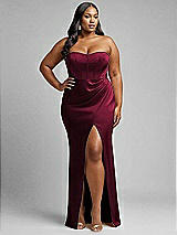 Alt View 1 Thumbnail - Cabernet Strapless Topstitched Corset Satin Maxi Dress with Draped Column Skirt