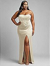 Alt View 1 Thumbnail - Champagne Strapless Topstitched Corset Satin Maxi Dress with Draped Column Skirt