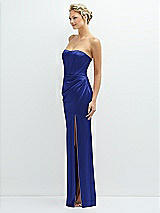 Side View Thumbnail - Cobalt Blue Strapless Topstitched Corset Satin Maxi Dress with Draped Column Skirt