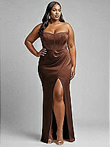 Alt View 1 Thumbnail - Cognac Strapless Topstitched Corset Satin Maxi Dress with Draped Column Skirt