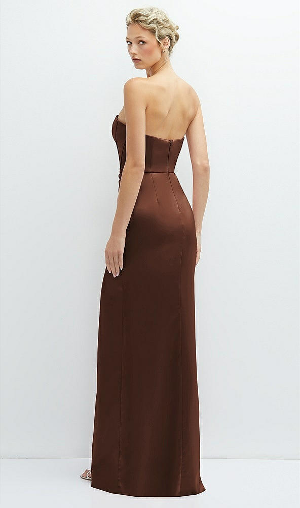 Back View - Cognac Strapless Topstitched Corset Satin Maxi Dress with Draped Column Skirt