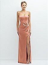 Front View Thumbnail - Copper Penny Strapless Topstitched Corset Satin Maxi Dress with Draped Column Skirt