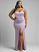 Alt View 1 Thumbnail - Lilac Haze Strapless Topstitched Corset Satin Maxi Dress with Draped Column Skirt