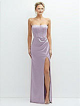 Front View Thumbnail - Lilac Haze Strapless Topstitched Corset Satin Maxi Dress with Draped Column Skirt