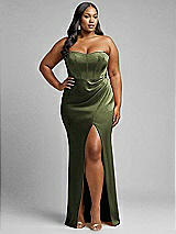 Alt View 1 Thumbnail - Olive Green Strapless Topstitched Corset Satin Maxi Dress with Draped Column Skirt