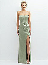 Front View Thumbnail - Sage Strapless Topstitched Corset Satin Maxi Dress with Draped Column Skirt