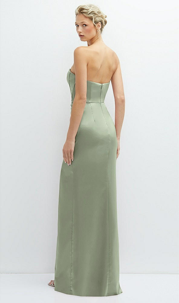 Back View - Sage Strapless Topstitched Corset Satin Maxi Dress with Draped Column Skirt