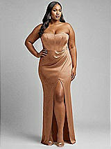 Alt View 1 Thumbnail - Toffee Strapless Topstitched Corset Satin Maxi Dress with Draped Column Skirt