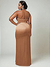 Alt View 2 Thumbnail - Toffee Strapless Topstitched Corset Satin Maxi Dress with Draped Column Skirt