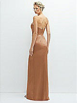 Rear View Thumbnail - Toffee Strapless Topstitched Corset Satin Maxi Dress with Draped Column Skirt