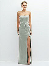 Front View Thumbnail - Willow Green Strapless Topstitched Corset Satin Maxi Dress with Draped Column Skirt