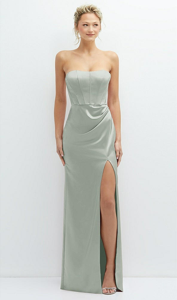 Front View - Willow Green Strapless Topstitched Corset Satin Maxi Dress with Draped Column Skirt