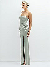 Side View Thumbnail - Willow Green Strapless Topstitched Corset Satin Maxi Dress with Draped Column Skirt