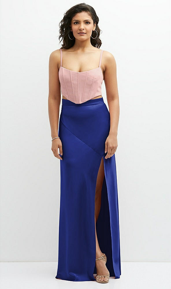 Front View - Cobalt Blue Satin Mix-and-Match High Waist Seamed Bias Skirt