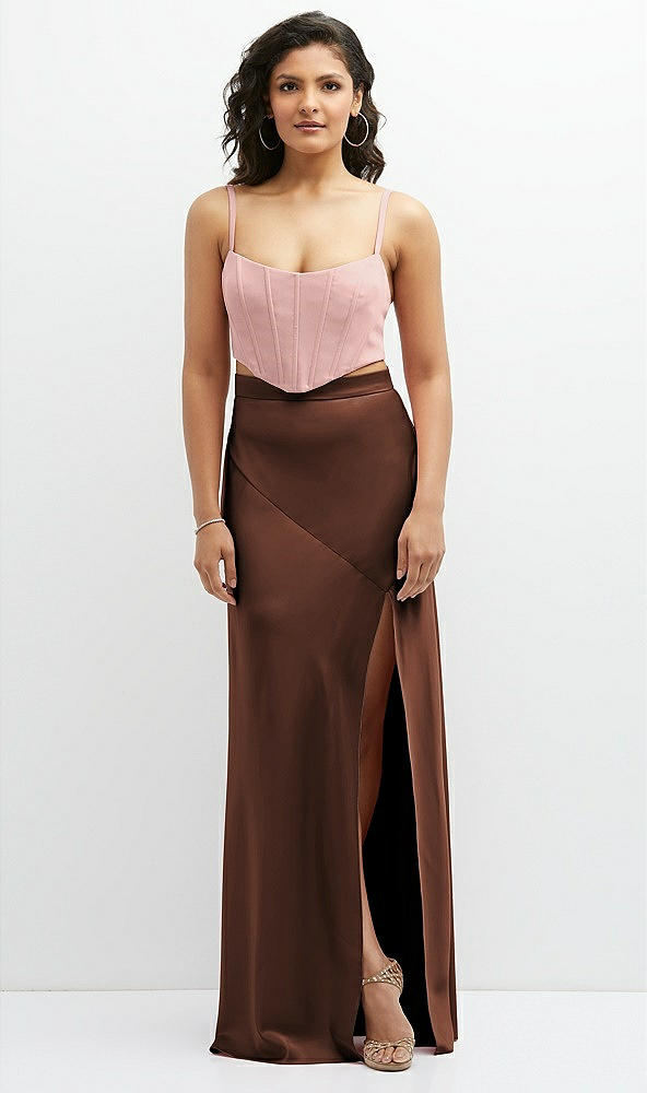 Front View - Cognac Satin Mix-and-Match High Waist Seamed Bias Skirt