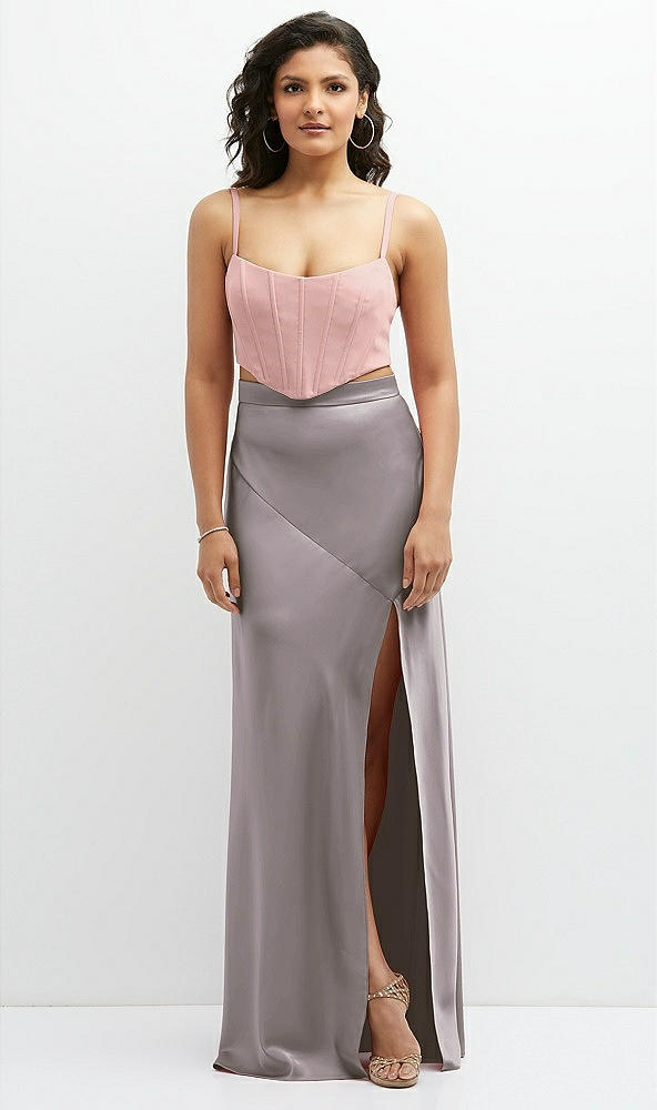 Front View - Cashmere Gray Satin Mix-and-Match High Waist Seamed Bias Skirt