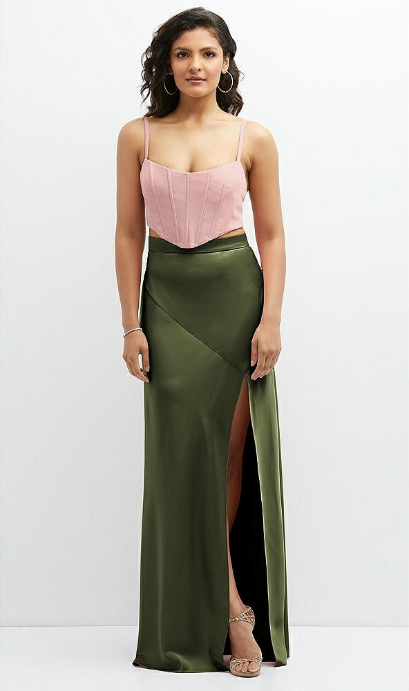 Front View - Olive Green Satin Mix-and-Match High Waist Seamed Bias Skirt