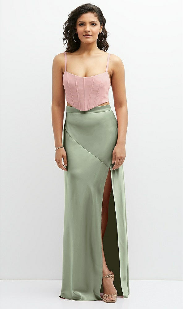 Front View - Sage Satin Mix-and-Match High Waist Seamed Bias Skirt