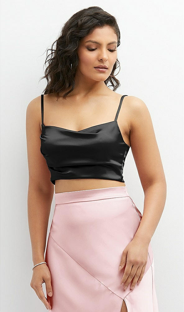 Front View - Black Satin Mix-and-Match Draped Midriff Top