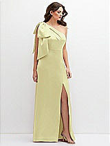 Front View Thumbnail - Butter Yellow One-Shoulder Satin Maxi Dress with Chic Oversized Shoulder Bow