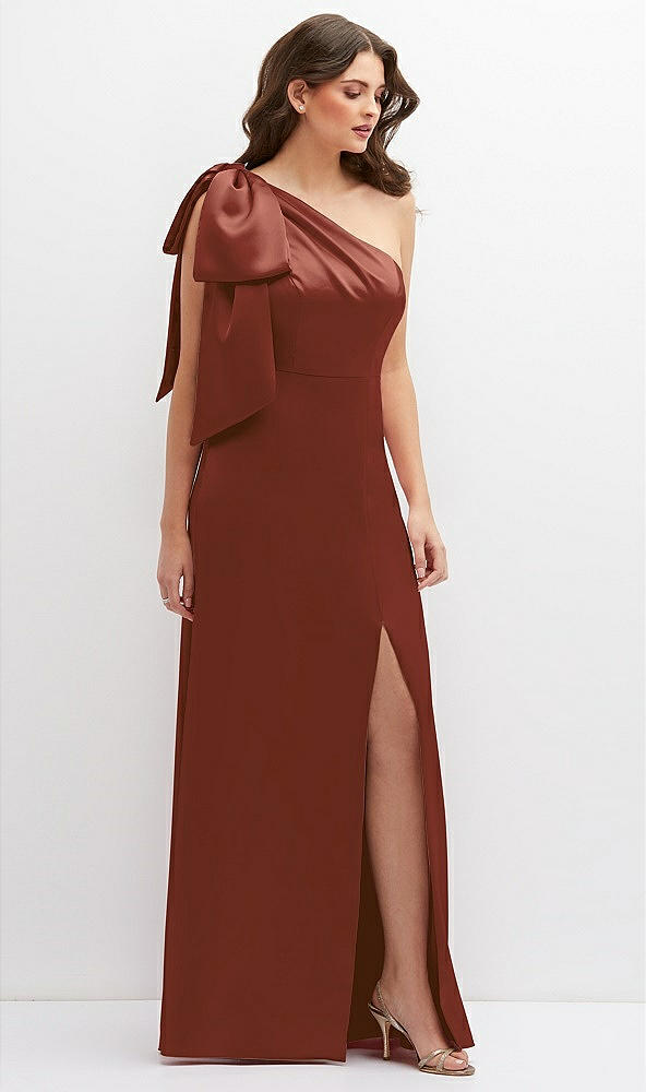 Front View - Auburn Moon One-Shoulder Satin Maxi Dress with Chic Oversized Shoulder Bow