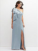 Front View Thumbnail - Mist One-Shoulder Satin Maxi Dress with Chic Oversized Shoulder Bow