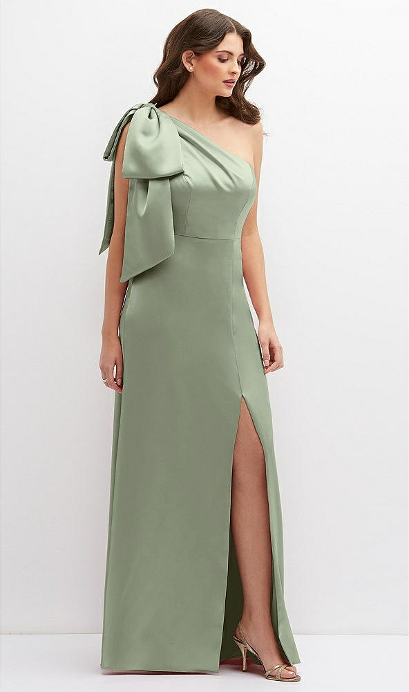 Front View - Sage One-Shoulder Satin Maxi Dress with Chic Oversized Shoulder Bow