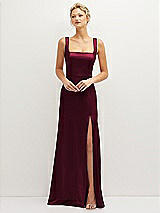 Front View Thumbnail - Cabernet Square-Neck Satin A-line Maxi Dress with Front Slit