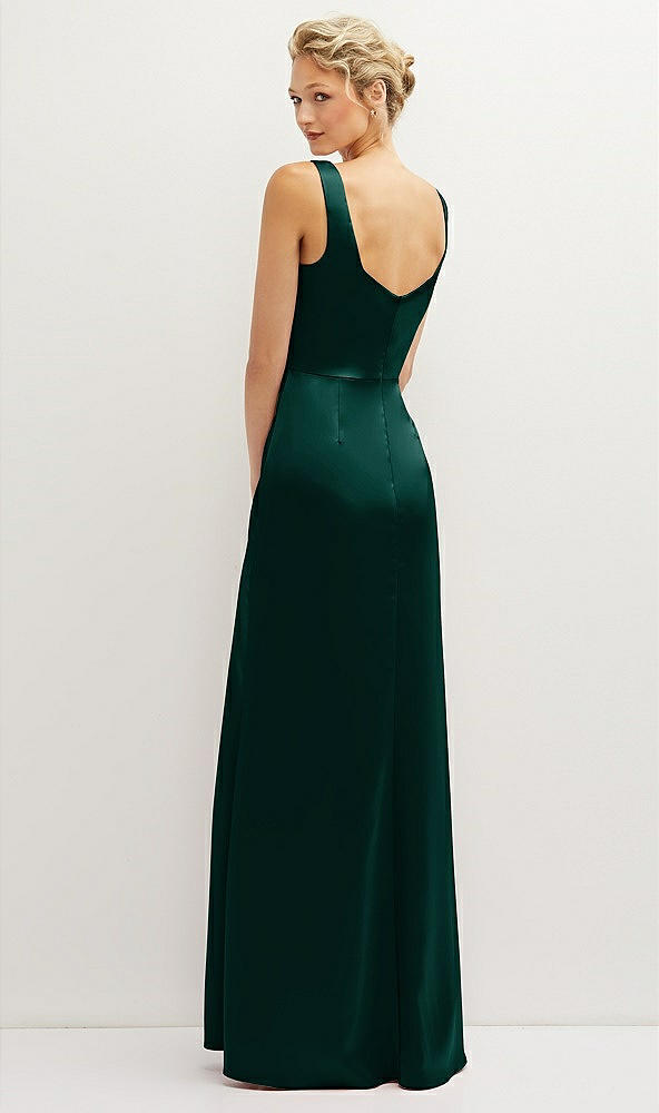 Back View - Evergreen Square-Neck Satin A-line Maxi Dress with Front Slit