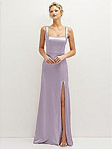 Front View Thumbnail - Lilac Haze Square-Neck Satin A-line Maxi Dress with Front Slit