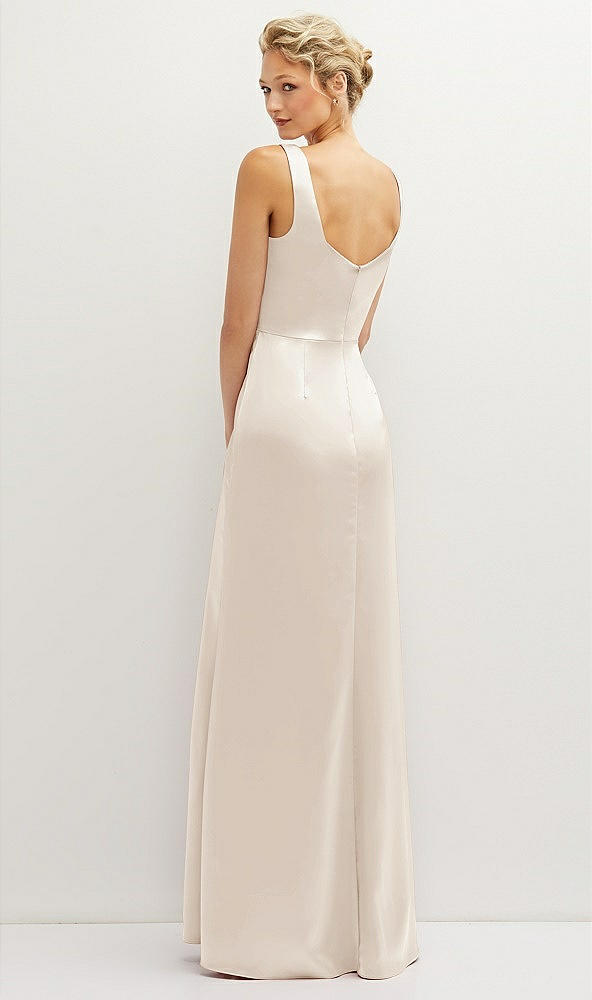 Back View - Oat Square-Neck Satin A-line Maxi Dress with Front Slit