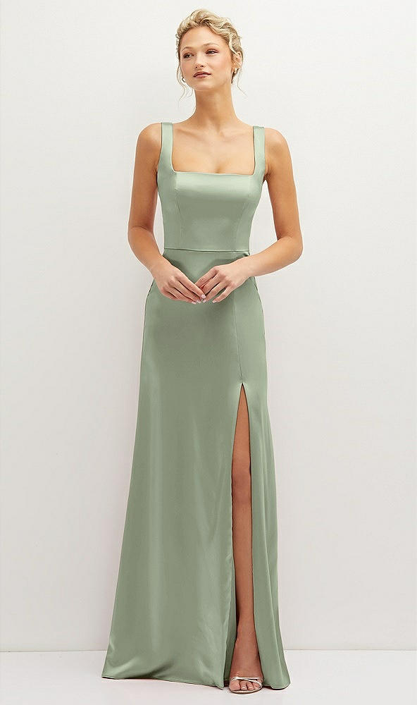 Front View - Sage Square-Neck Satin A-line Maxi Dress with Front Slit