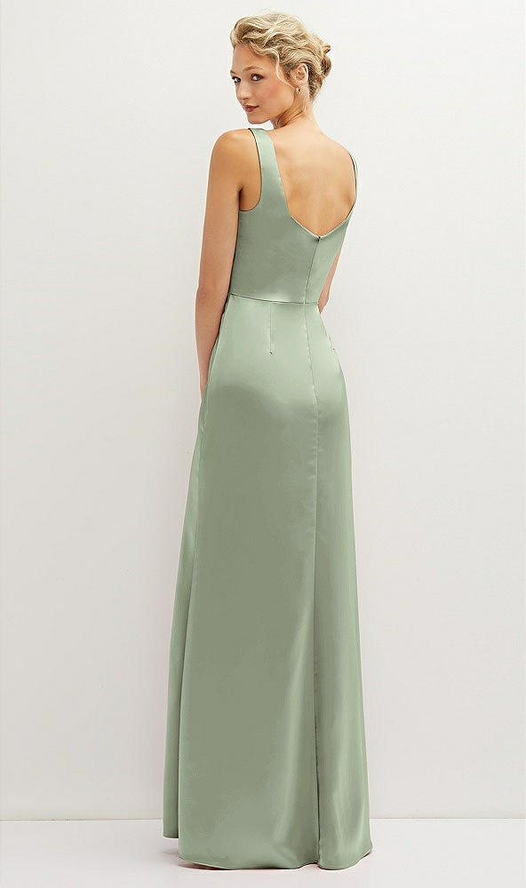 Back View - Sage Square-Neck Satin A-line Maxi Dress with Front Slit